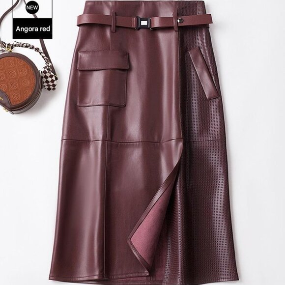 Dresses & Skirts - Burgundy Belted A-Line Slit Leather Skirt High Waist